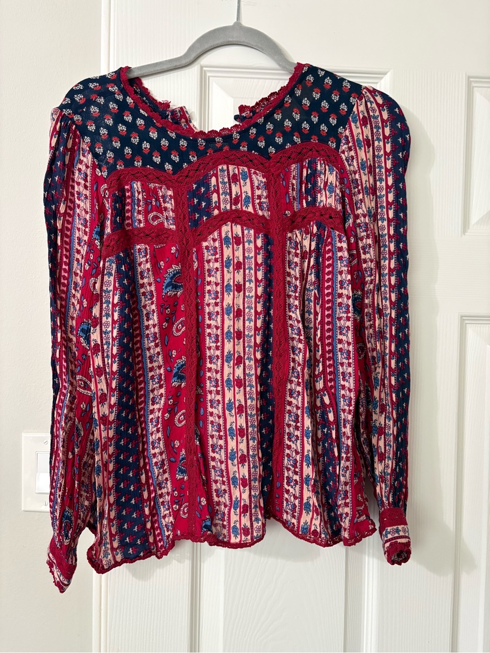 Maeve Boho Paisley Floral Lace Trim Peasant Blouse Size 0 Cottagecore